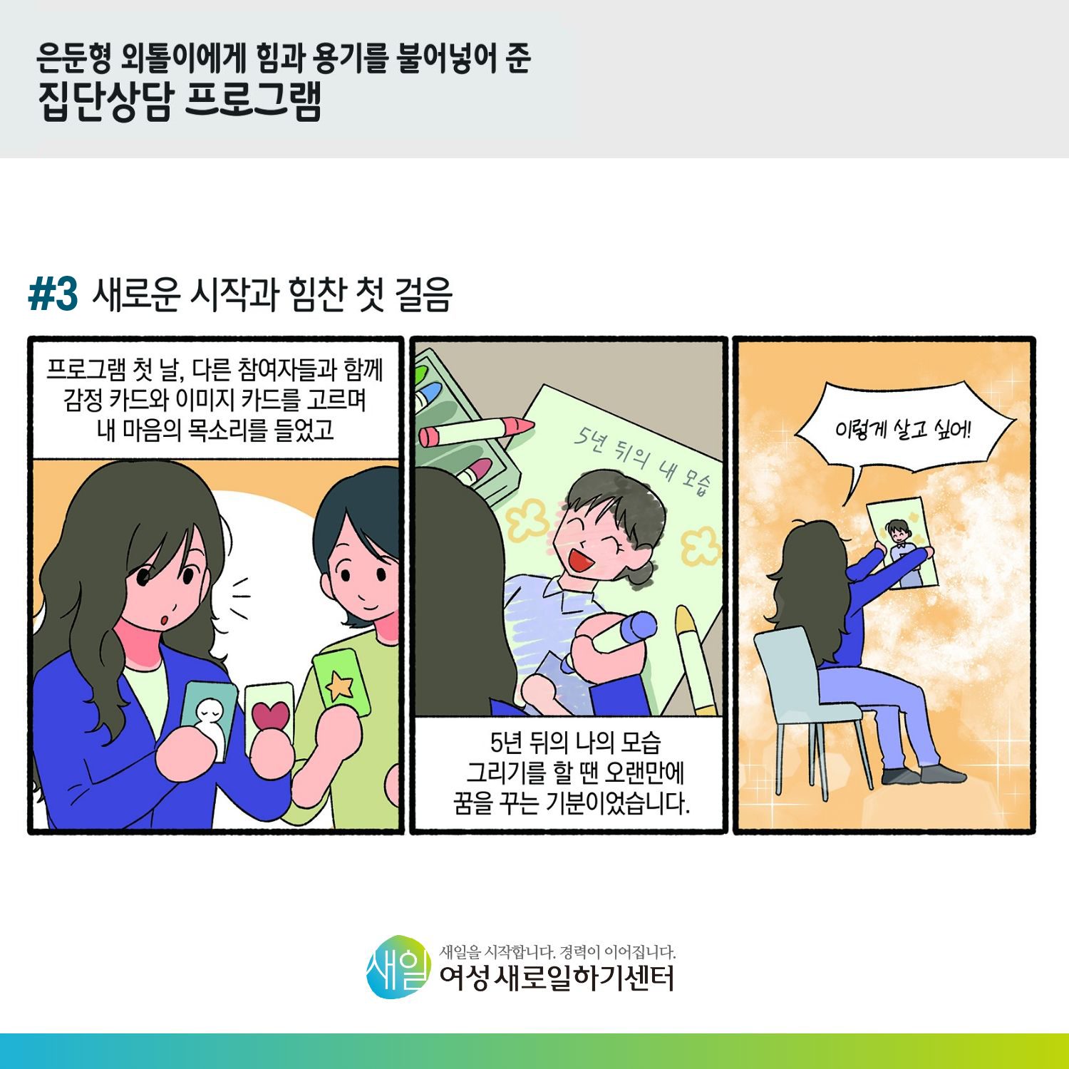 [ 은둔형 외톨이에게 힘과 용기를 불어넣어 준 집단상담 프로그램 ] #3 새로운 시작과 힘찬 첫 걸음. 프로그램 첫 날, 다른 참여자들과 함께 감정 카드와 이미지 카드를 고르며 내 마음의 목소리를 들었고, (5년 뒤의 내 모습) 5년 뒤의 나의 모습 그리기를 할 땐 오랜만에 꿈을 꾸는 기분이었습니다. '이렇게 살고 싶어!' [ 새일을 시작합니다. 경력이 이어집니다. 새일여성새로일하기센터 ]