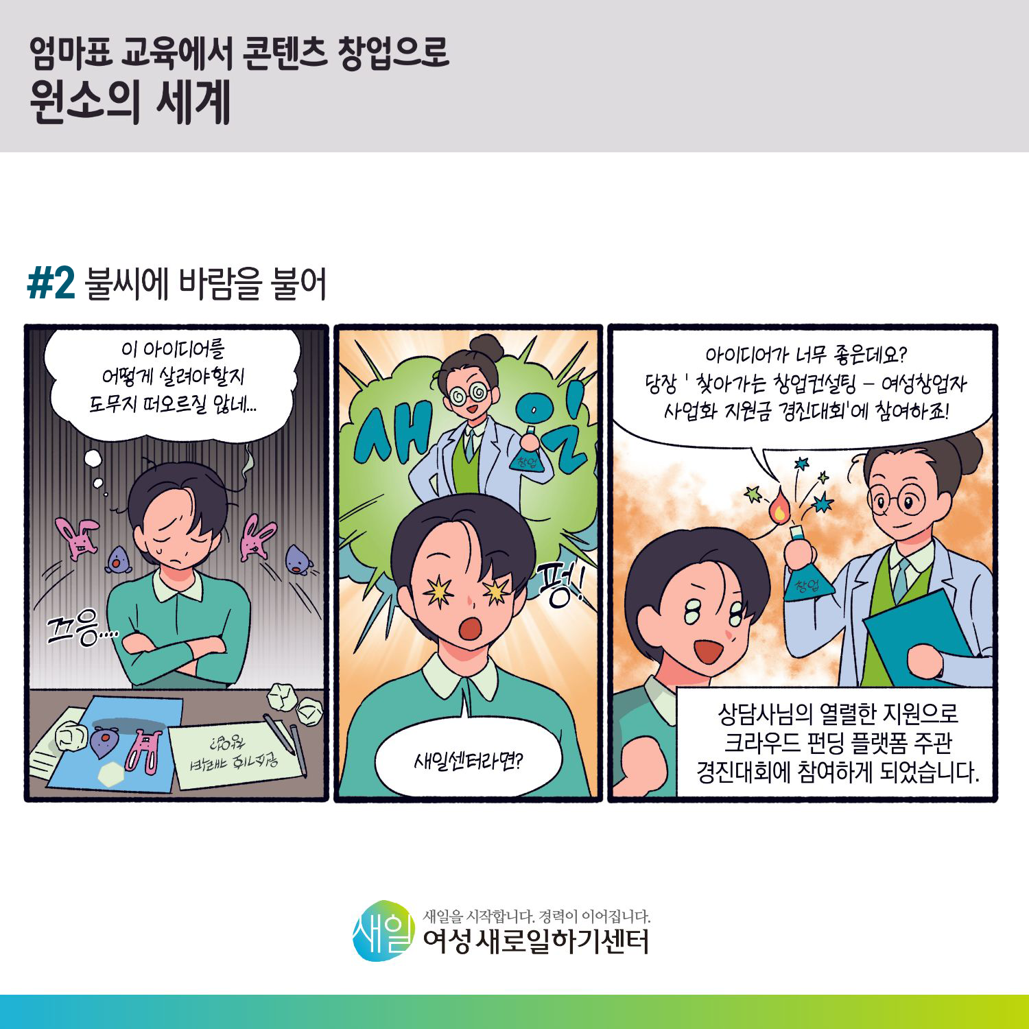 [ 엄마표 교육에서 콘텐츠 창업으로 원소의 세계 ] #2 불씨에 바람을 불어. '이 아이디어를 어떻게 살려야할지 도무지 떠오르질 않네...' (끄응... 원소기호 캐릭터 창업?) (새일 ... 펑~) '새일센터라면?' '아이디어가 너무 좋은데요? 당장 '찾아가는 창업컨설팅 - 여성창업자 사업화 지원금 경진대회'에 참여하죠!' 상담사님의 열렬한 지원으로 크라우드 펀딩 플랫폼 주관 경진대회에 참여하게 되었습니다. [ 새일을 시작합니다. 경력이 이어집니다. 새일여성새로일하기센터 ]
