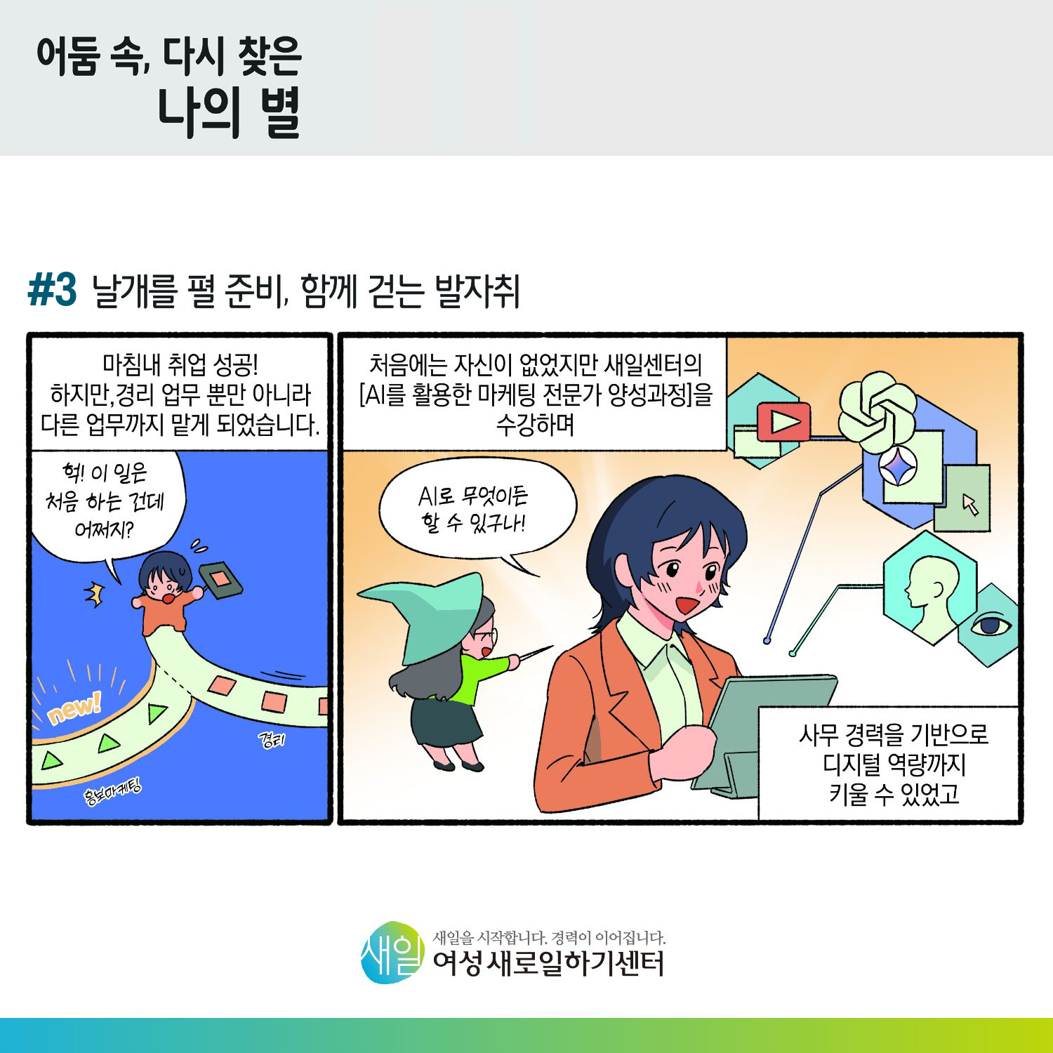 [ 어둠 속, 다시 찾은 나의 별 ] #3 날개를 펼 준비, 함께 걷는 발자취. 마침내 취업 성공! 하지만, 경리 업무 뿐만 아니라 다른 업무까지 맡게 되었습니다. '헉! 이 일은 처음 하는 건데 어쩌지?' 처음에는 자신이 없었지만 새일센터의 [AI를 활용한 마케팅 전문가 양성과정]을 수강하며 사무 경력을 기반으로 디지털 역량까지 키울 수 있었고, 'AI로 무엇이든 할 수 있구나!' [ 새일을 시작합니다. 경력이 이어집니다. 새일여성새로일하기센터 ]