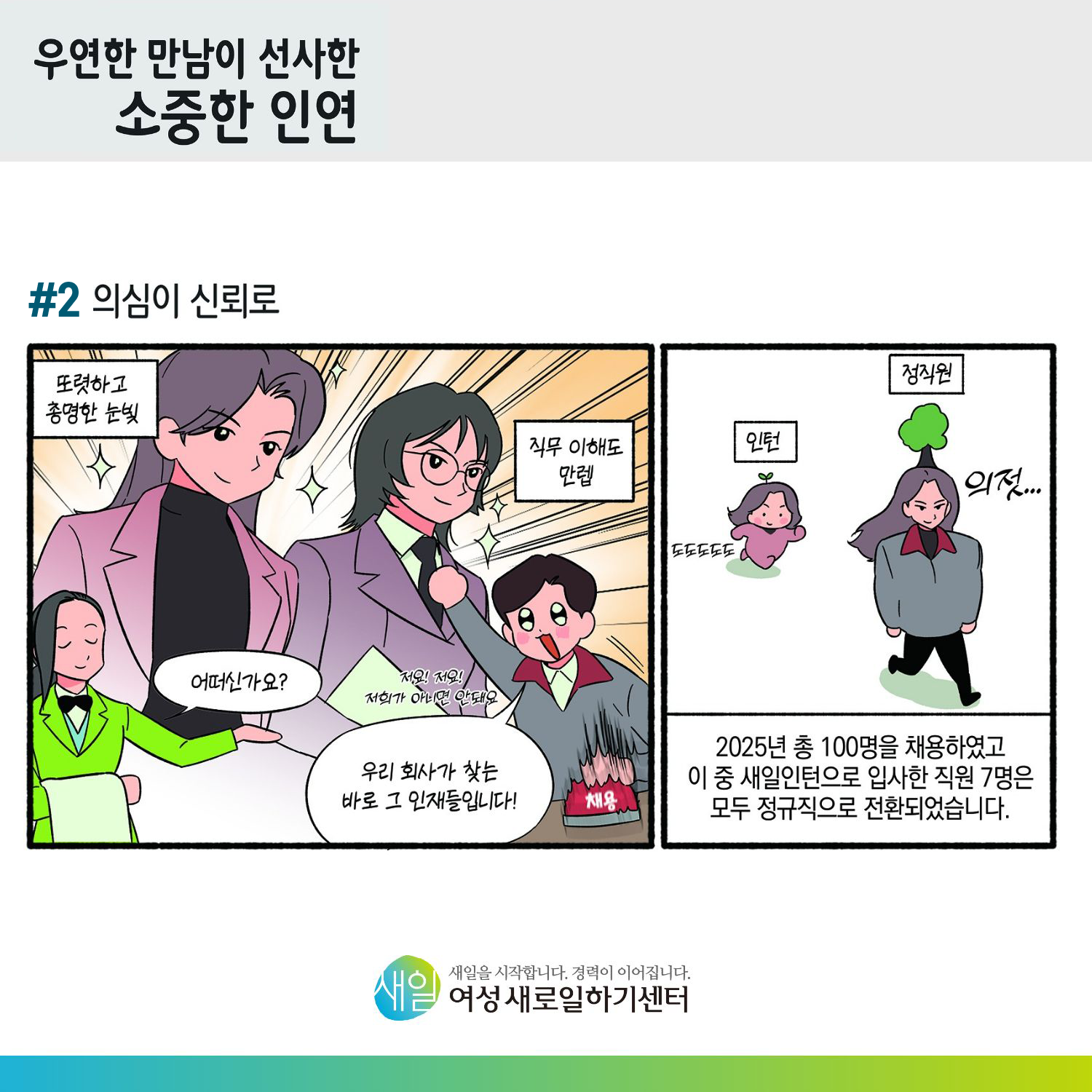 [ 우연한 만남이 선사한 소중한 인연 ] #2 의심이 신뢰로. (또렷하고 총명한 눈빛) (직무이해도 만렙) 어떠신가요? 저요!저요! 저희가 아니면 안돼요. 우리 회사가 찾는 바로 그 인재들입니다! (도도도도) 인턴. (의젓...) 정직원. 2025년 총 100명을 채용하였고 이 중 새일인턴으로 입사한 직원 7명은 모두 정규직으로 전환되었습니다. [ 새일을 시작합니다. 경력이 이어집니다. 새일여성새로일하기센터 ]