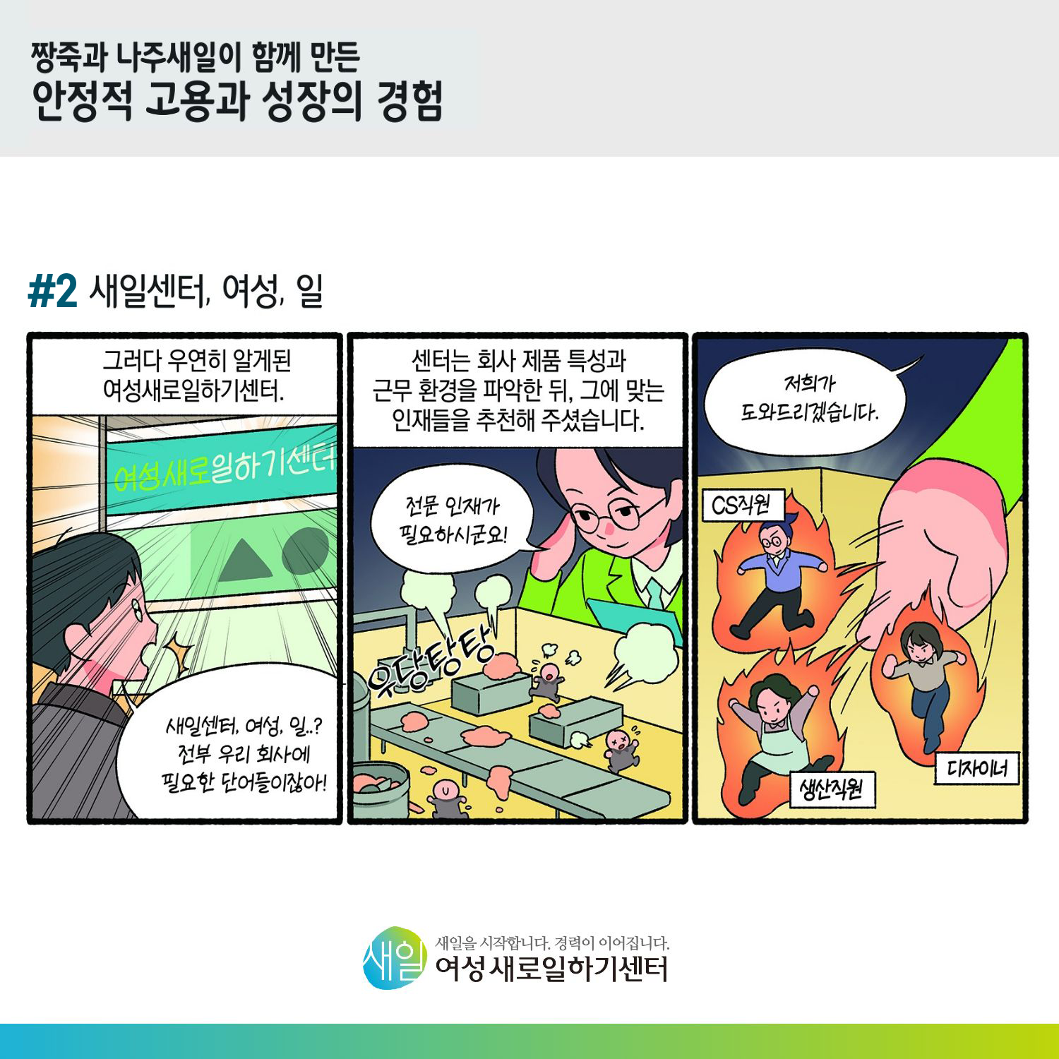 [ 짱죽과 나주새일이 함께 만든 안정적 고용과 성장의 경험 ] #2 새일센터, 여성, 일. 그러다 우연히 알게된 여성새로일하기센터. (여성새로일하기센터) '새일센터, 여성, 일..? 전부 우리 회사에 필요한 단어들이잖아!' 센터는 회사 제품 특성과 근무 환경을 파악한 뒤, 그에 맞는 인재들을 추천해 주셨습니다. '전문 인재가 필요하시군요!' (우당탕탕) '저희가 도와드리겠습니다.' (CS직원, 생산직원, 디자이너) [ 새일을 시작합니다. 경력이 이어집니다. 새일여성새로일하기센터 ]